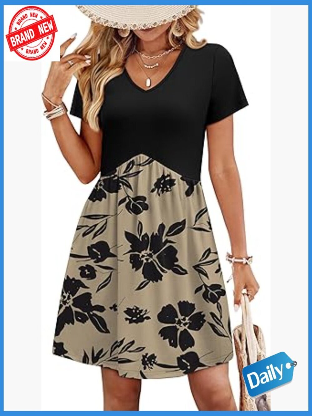 Babydoll Dress V-Neck Short Sleeve A-Line Midi Casual Summer Dress